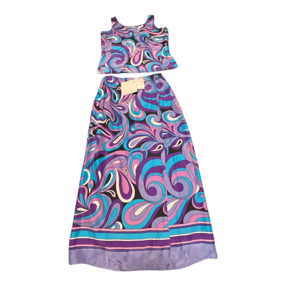 Isadora Story Vintage Silk Set Wrap Skirt Crop Tank Retro Pyschedelic Swirl  NEW
